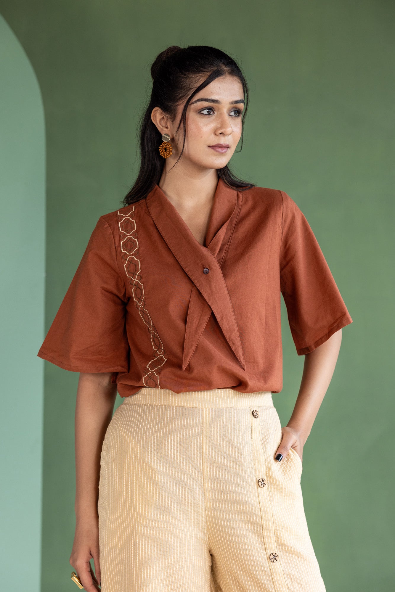 Brown Embroidered Top and Striped Trouser Set