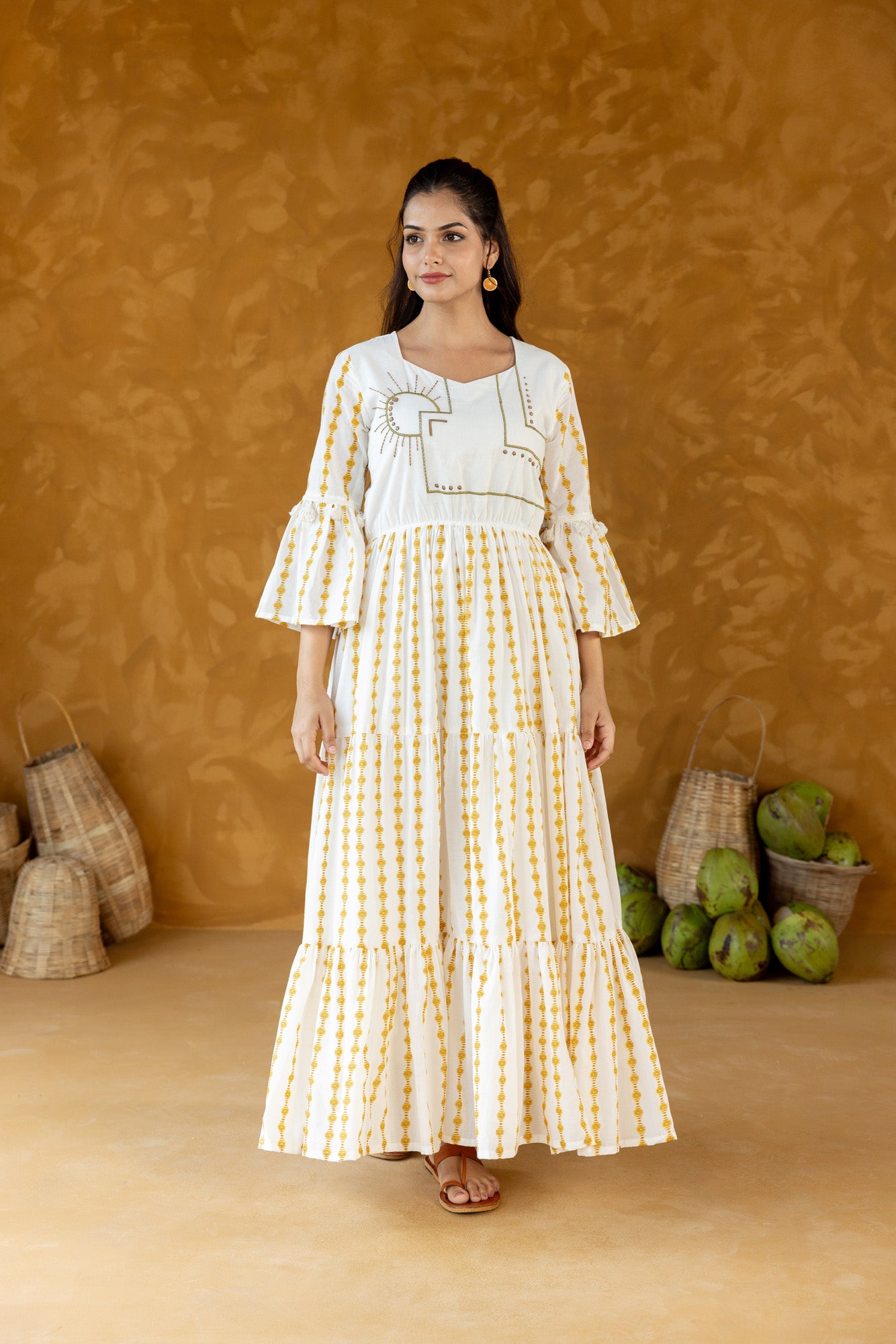 Embroidered Tiered Flared Sleeve Dress