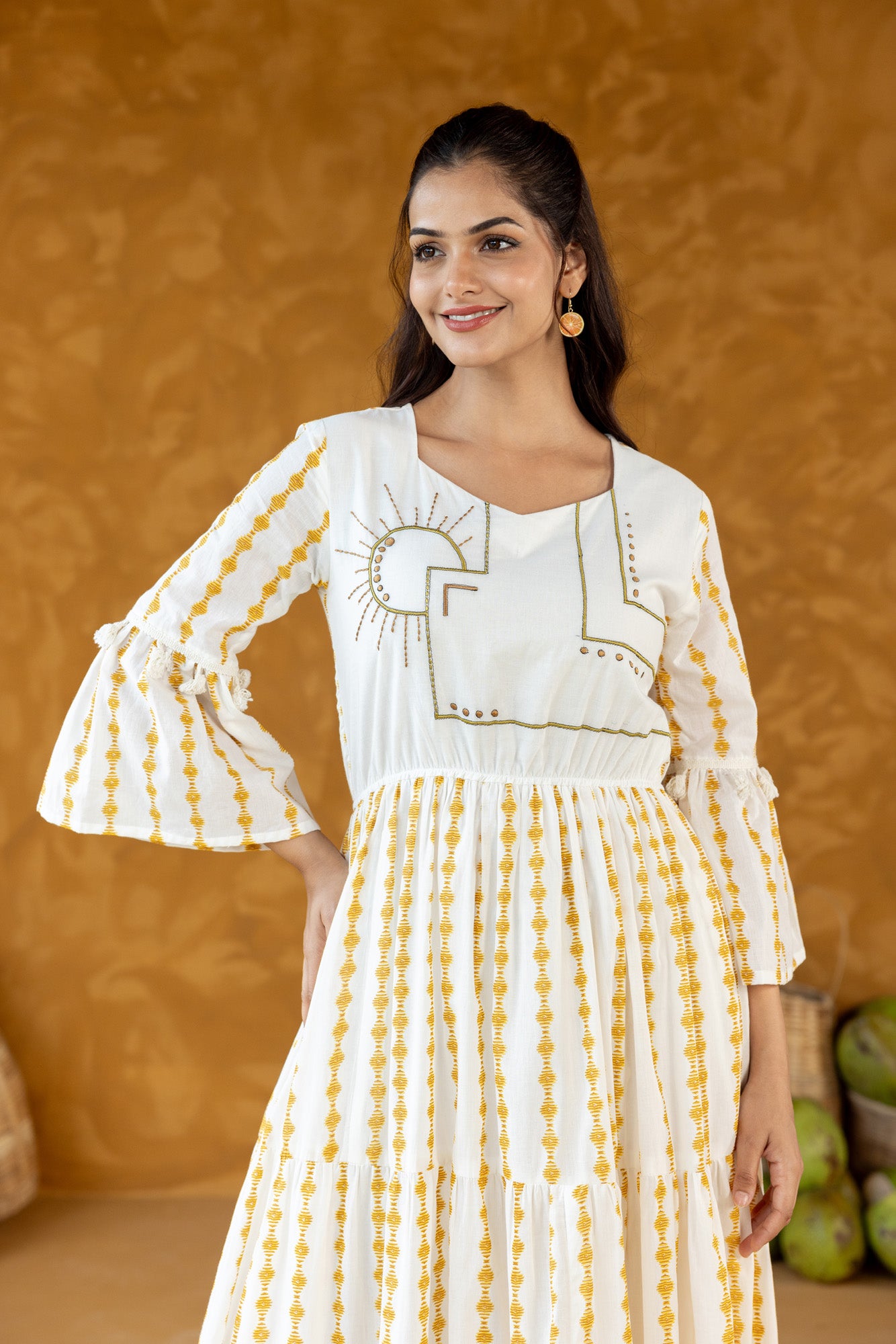 Embroidered Tiered Flared Sleeve Dress