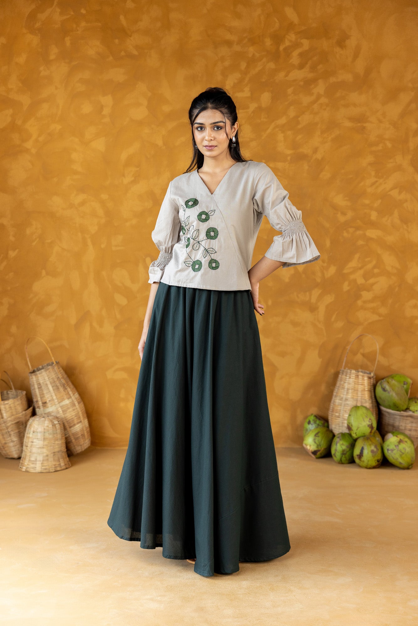 Grey Embroidered top with Long Skirt