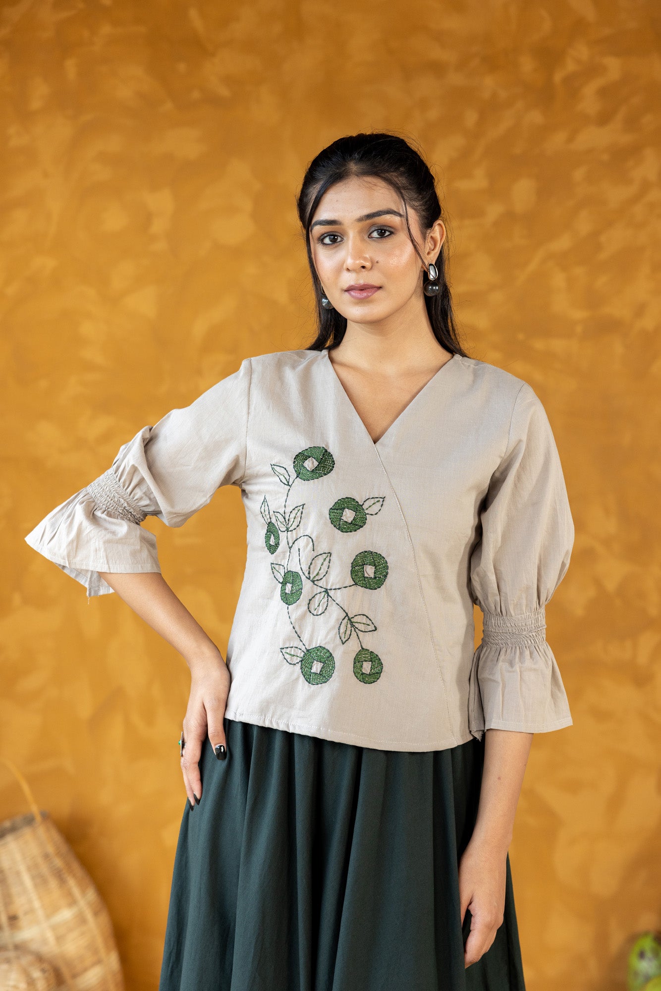 Grey Embroidered top with Long Skirt