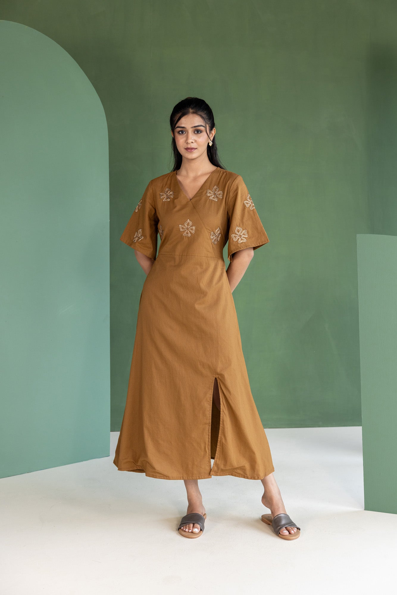 Brown Flower Embroidered A-line Dress