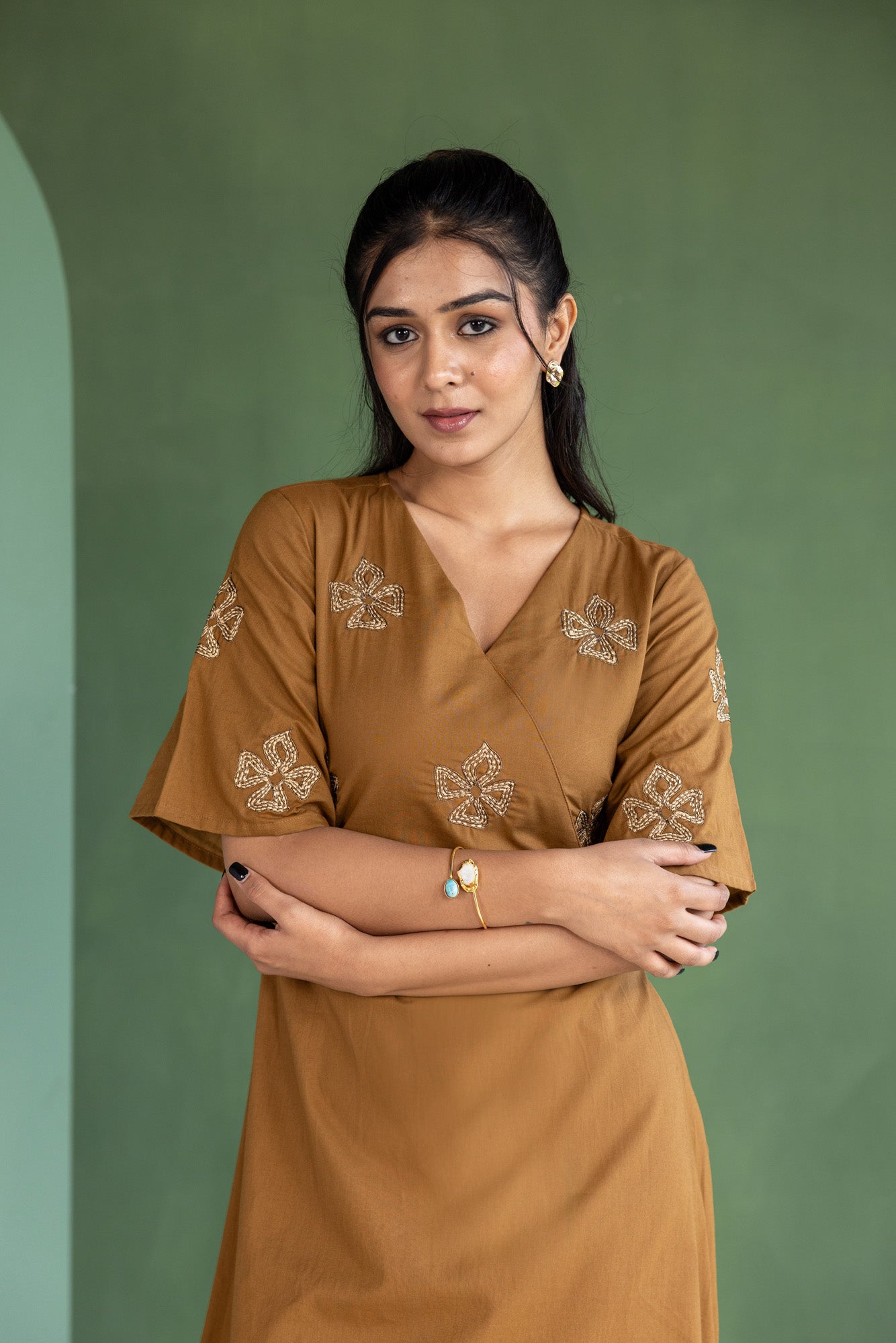 Brown Flower Embroidered A-line Dress