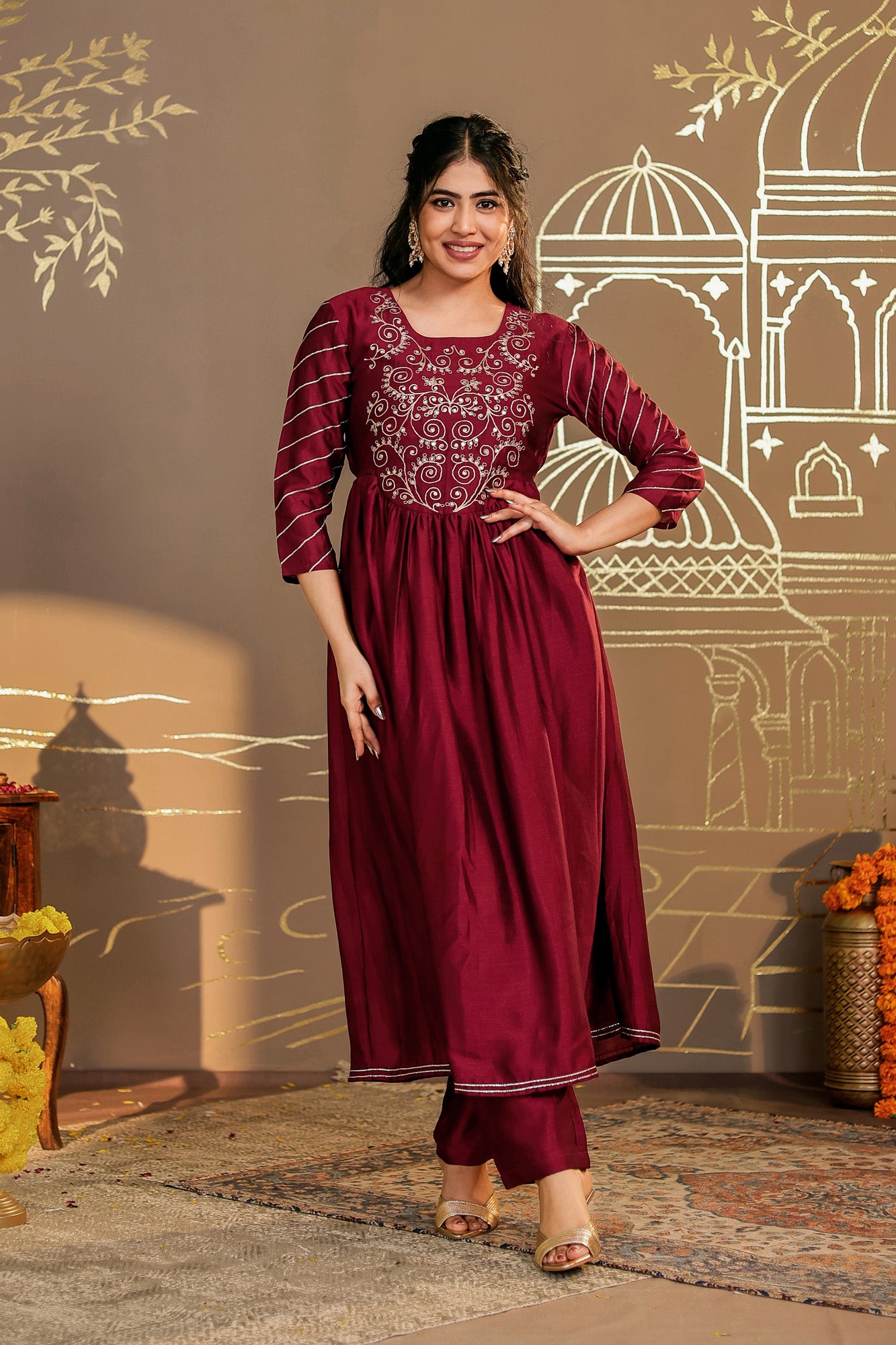 Maroon Embroidered Kurta Set