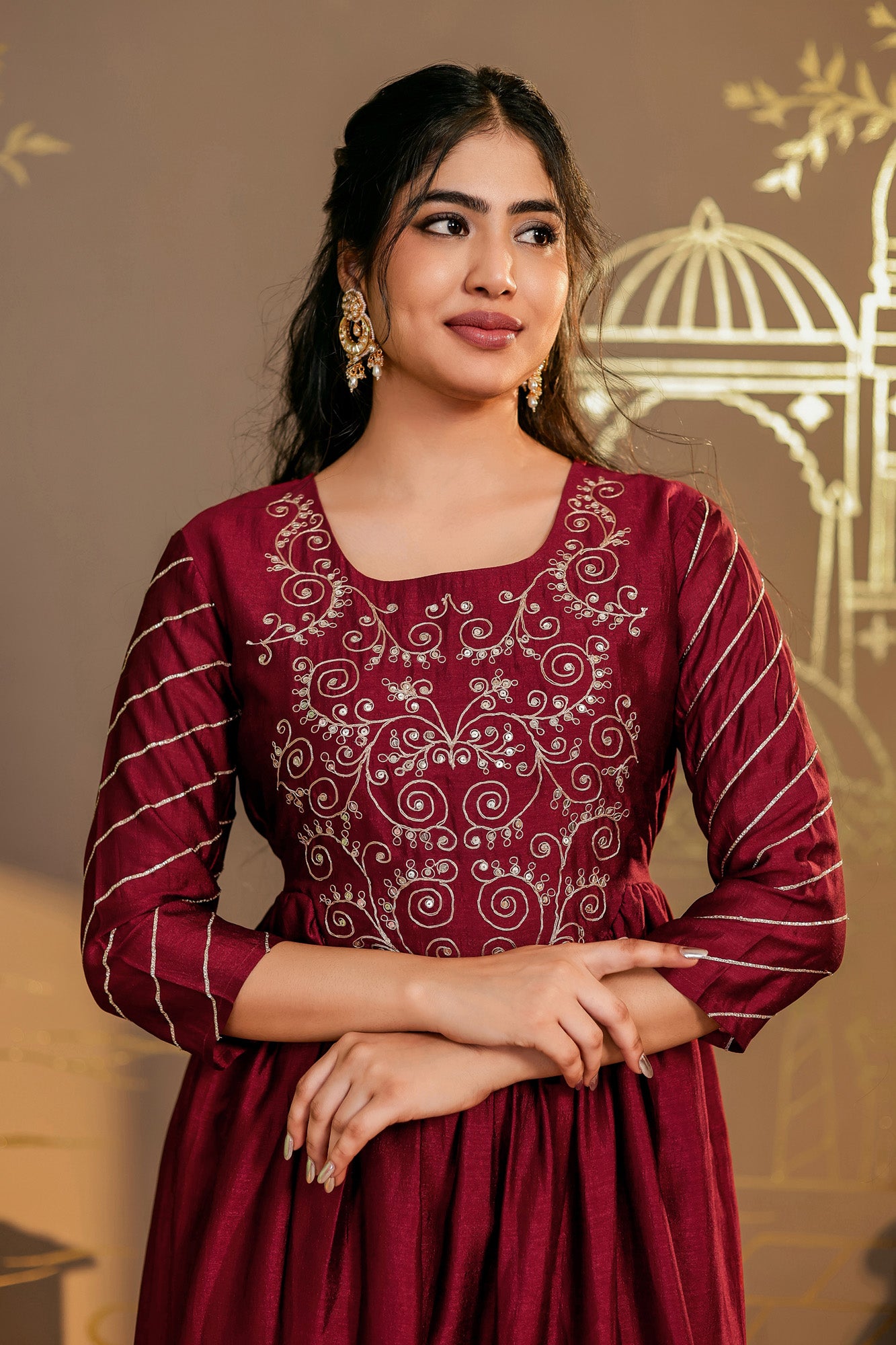 Maroon Embroidered Kurta Set