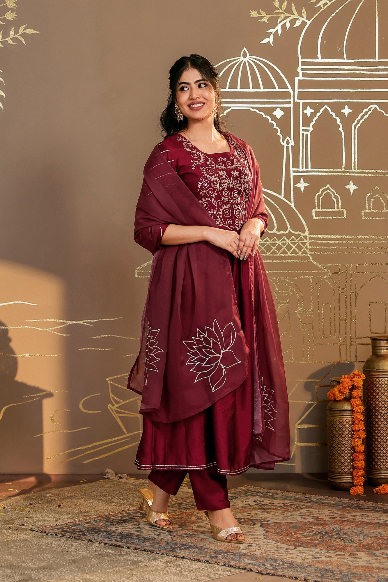 Maroon Embroidered Kurta Set