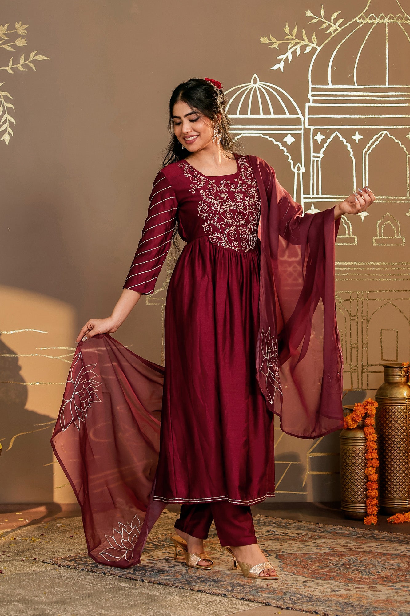 Maroon Embroidered Kurta Set