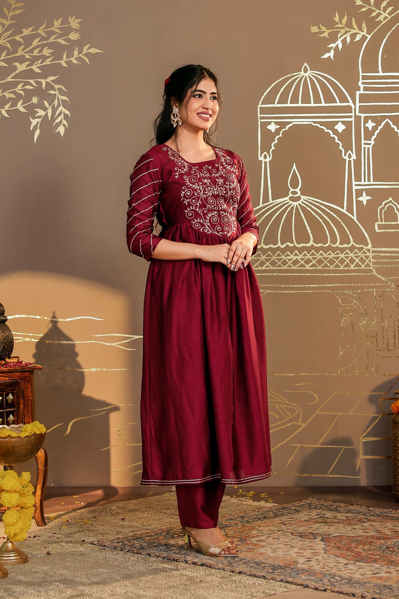 Maroon Embroidered Kurta Set