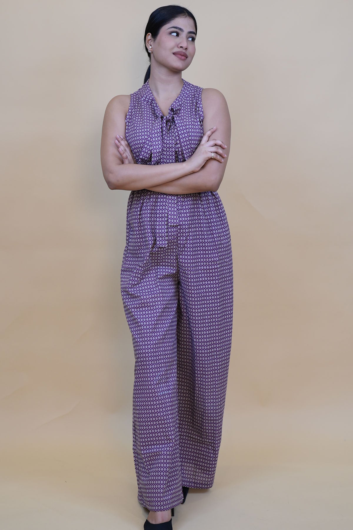 Printed Purple Round Neck Sleeveless Jump Suit
