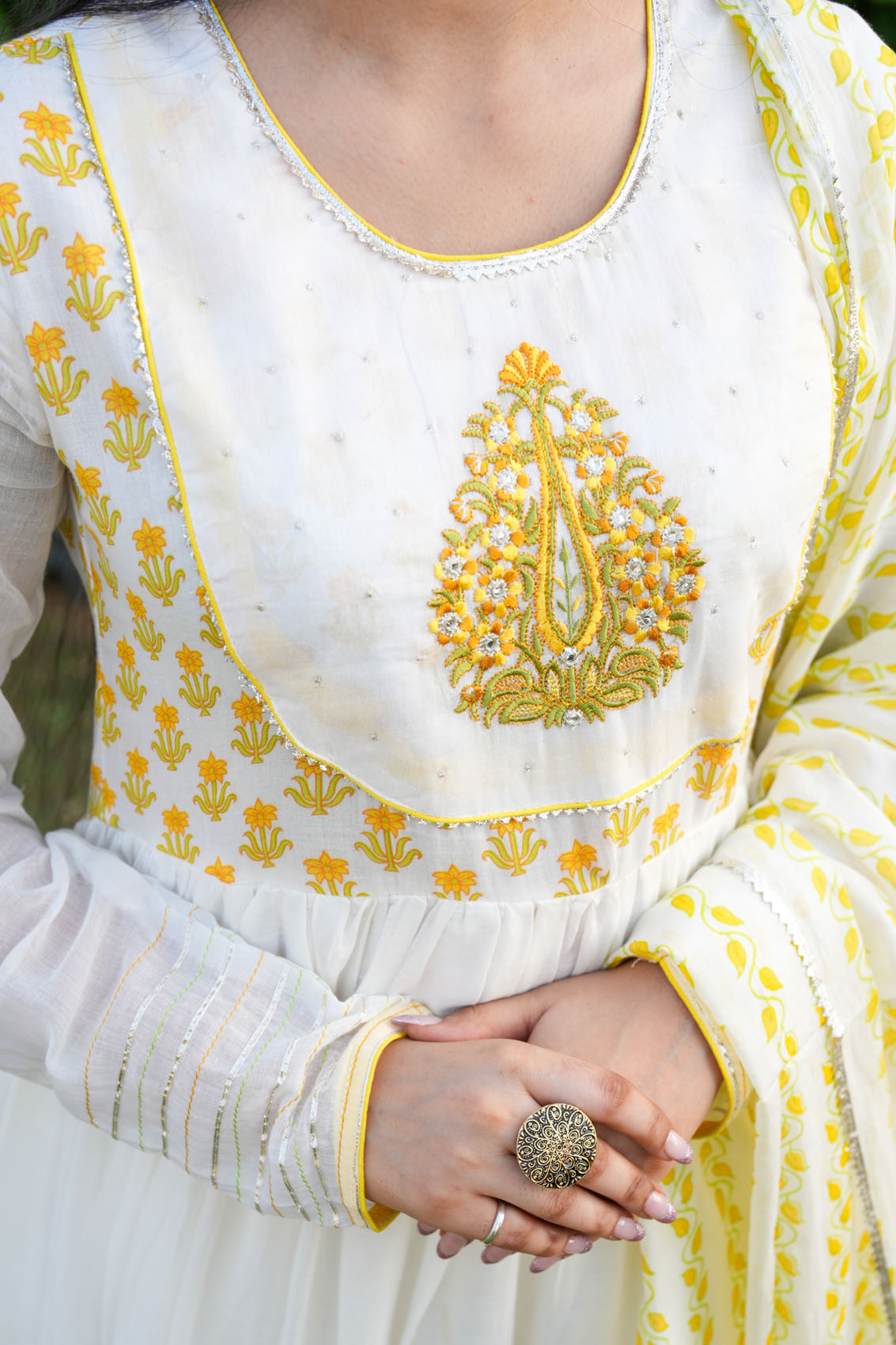 Yellow Embroidered White Anarkali Set