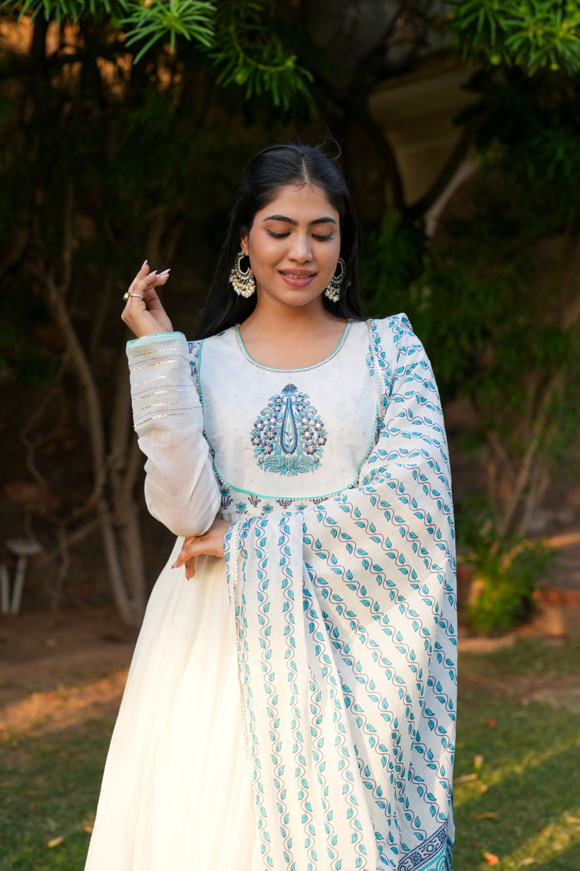 Blue Embroidery White Anarkali Set