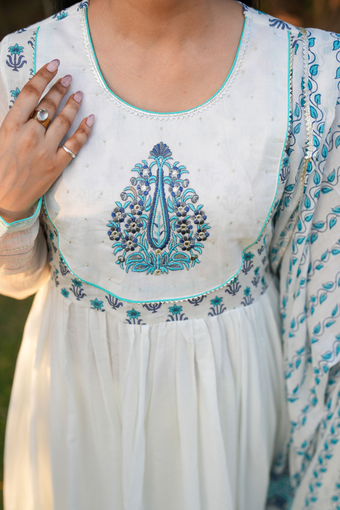 Blue Embroidery White Anarkali Set