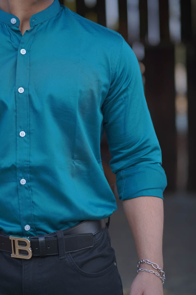 Men Solid Turquoise Blue with Mandarin Collar