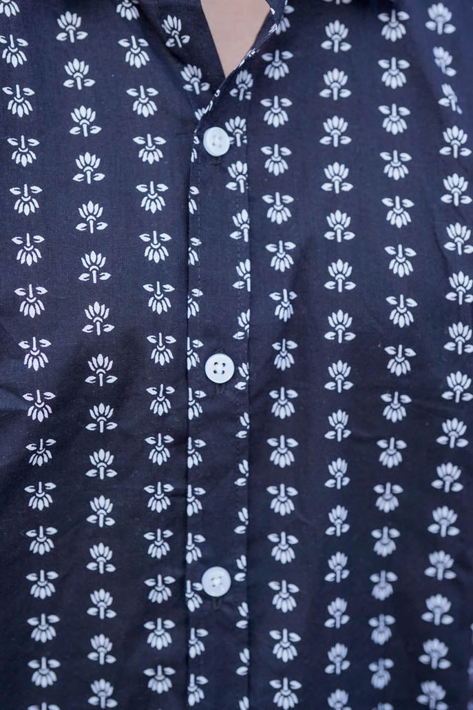 White Floral Print Black Half Shirt